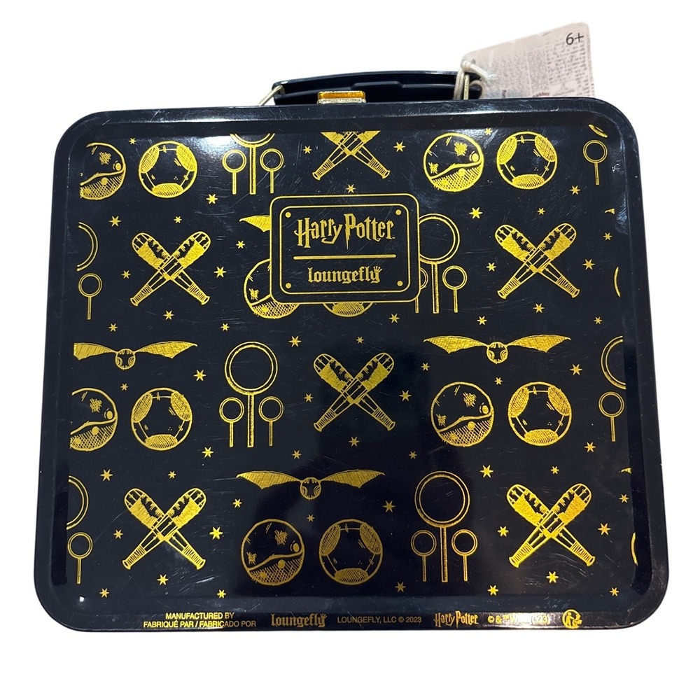Loungefly Harry Potter Quidditch Tin Lunch Box Black Gold Metal Storage Case NEW